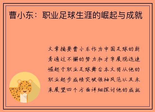 曹小东：职业足球生涯的崛起与成就